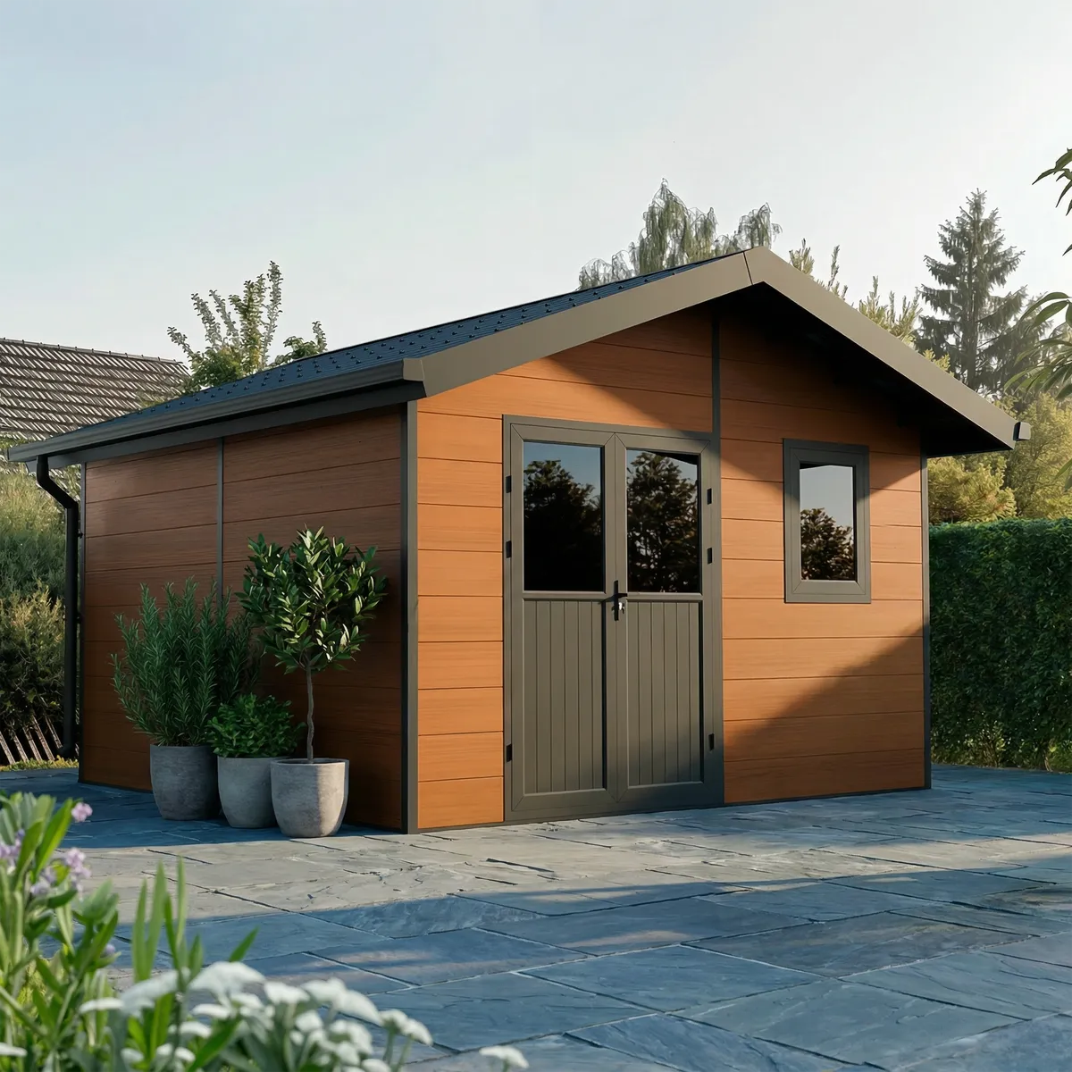 Composiet tuinhuis Isora 15 m², bruin met dubbele glazen deur in een tuinomgeving