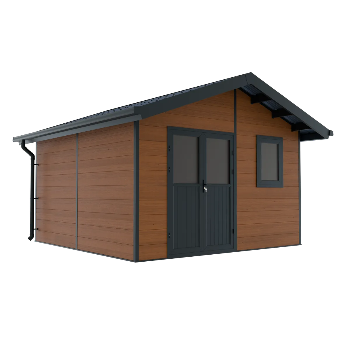 Abri de jardin composite Isora 15 m² brun, vue de trois quarts