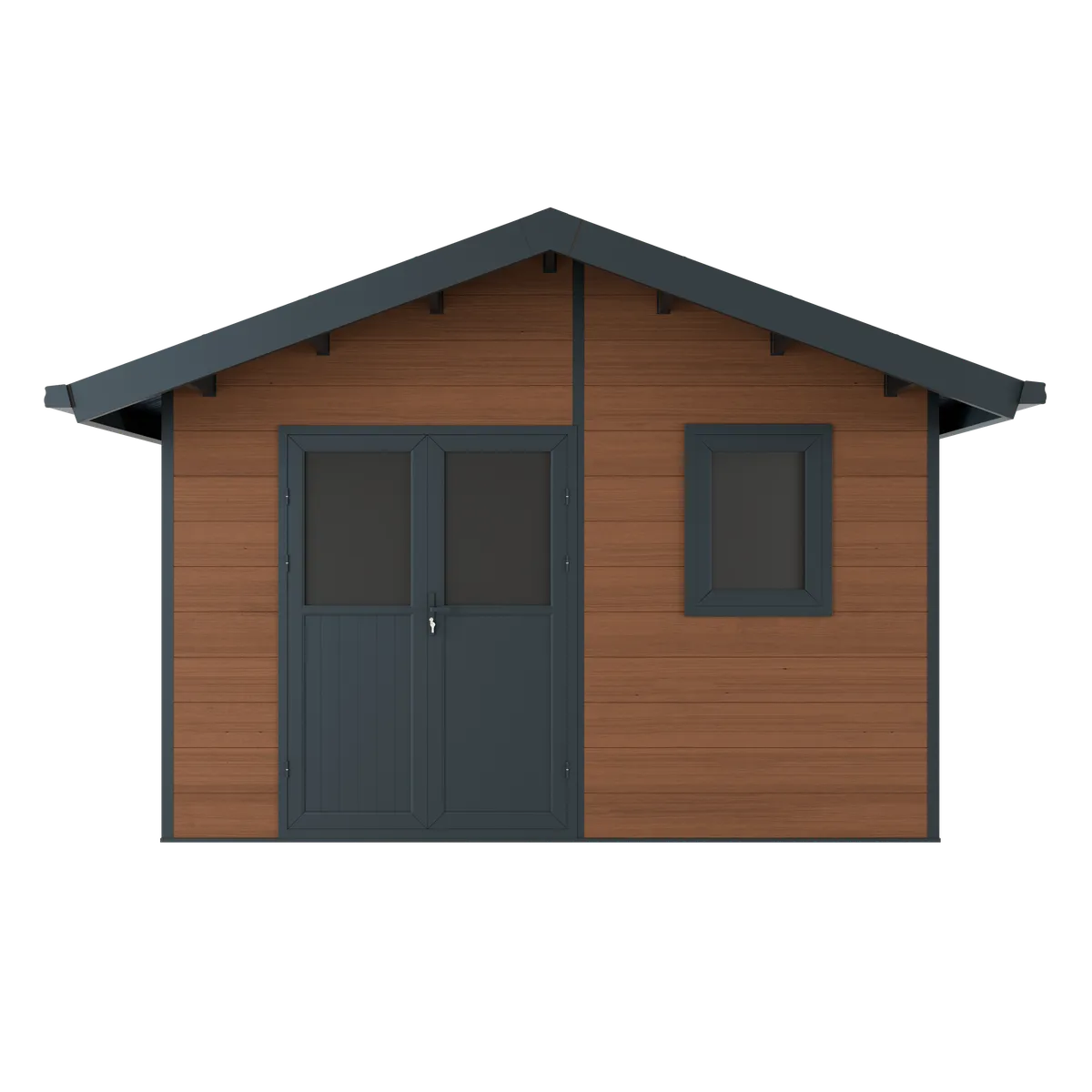 Abri composite Isora 15 m² brun de face, porte double et fenêtre