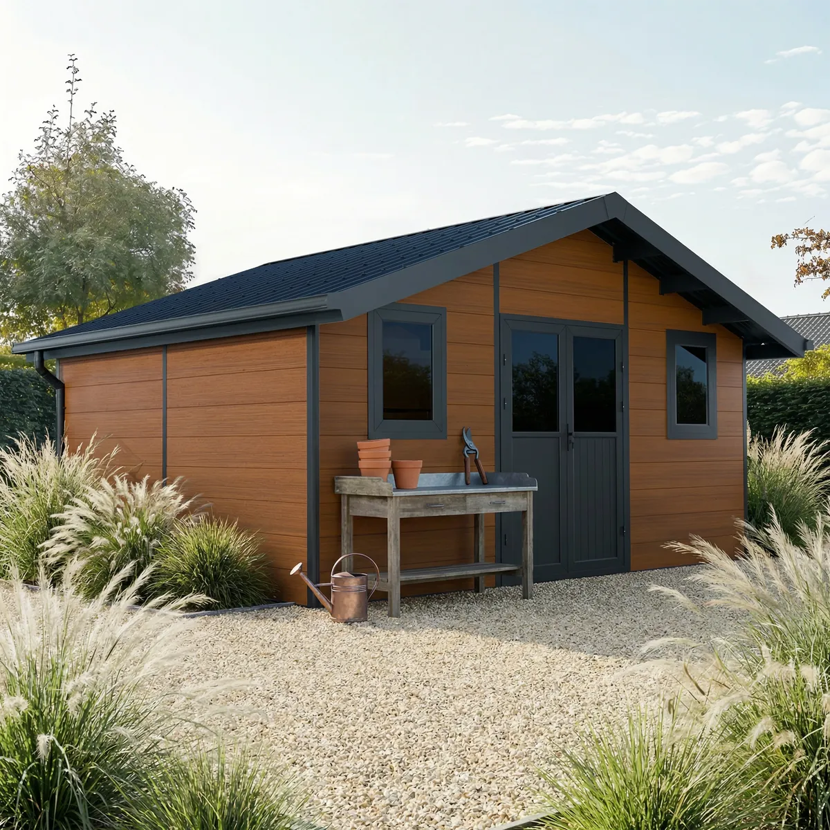 WPC-Gartenhaus Isora 20 m² in Brauntönen, Ambiente eines Landschaftsgartens