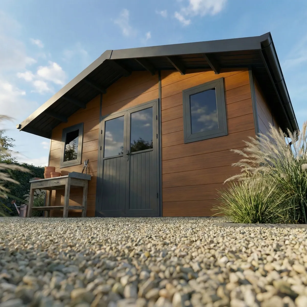 Abri composite Isora 20 m² brun sur graviers, graminées au premier plan