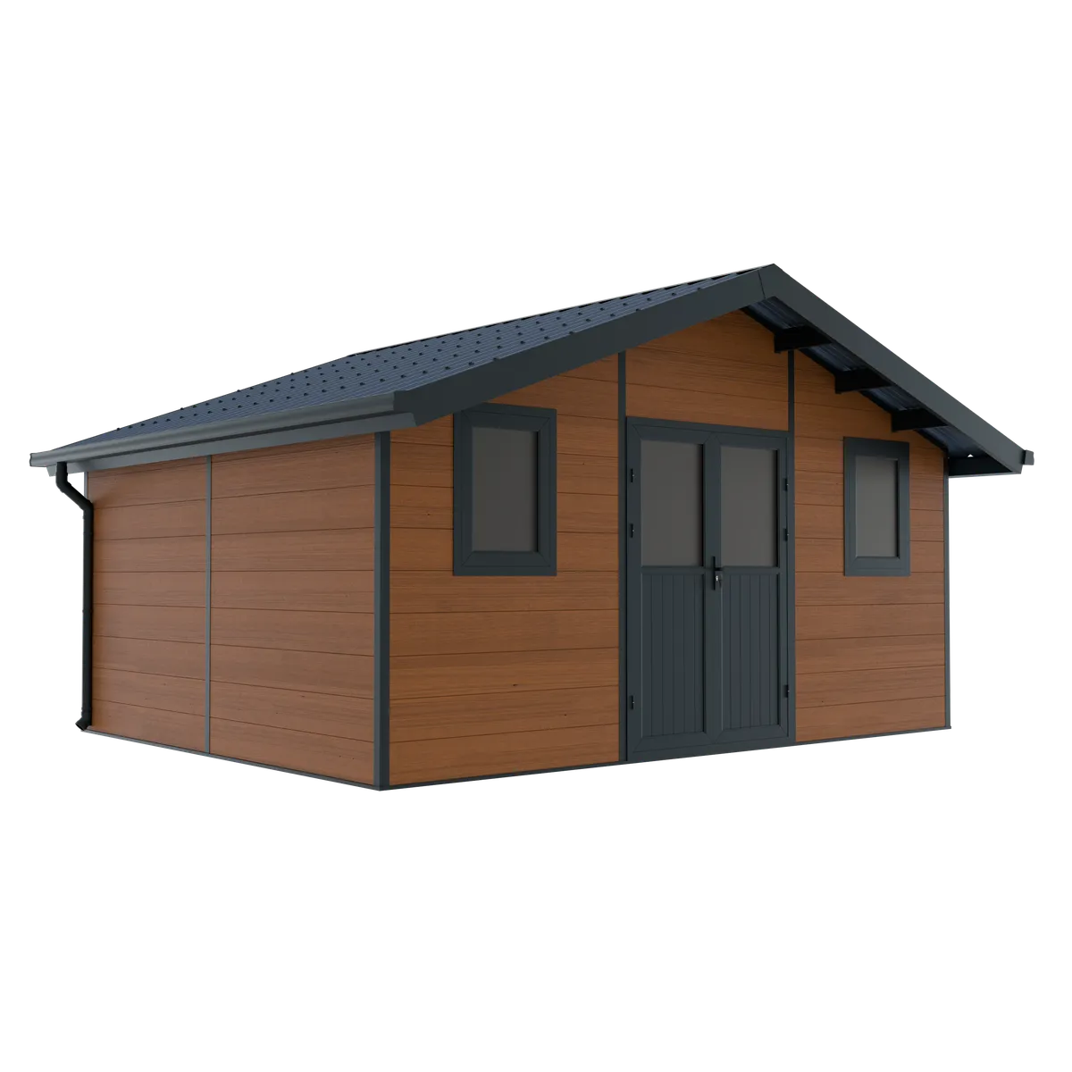 Abri de jardin composite Isora 20 m² brun, vue de trois quarts