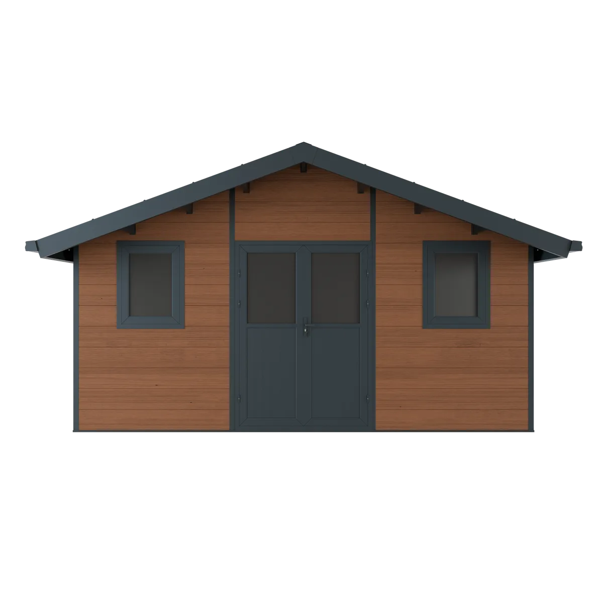 Abri composite Isora 20 m² brun de face, porte double et deux fenêtres