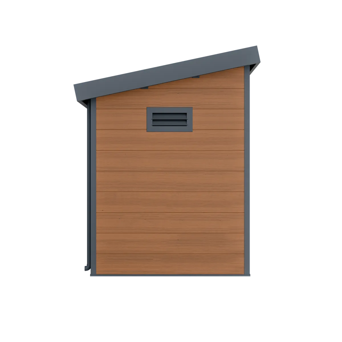 Abri composite adossé Mira 5 m² brun, vue de côté avec grille d'aération