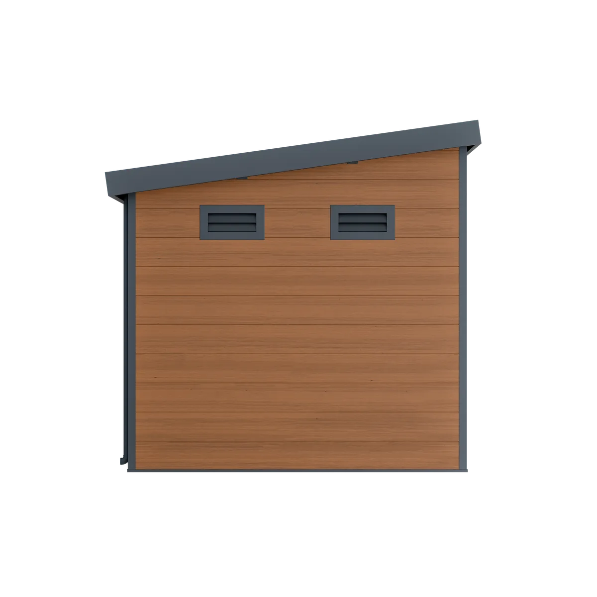 Abri composite adossé Mira 9 m² brun, vue de côté avec grilles d'aération