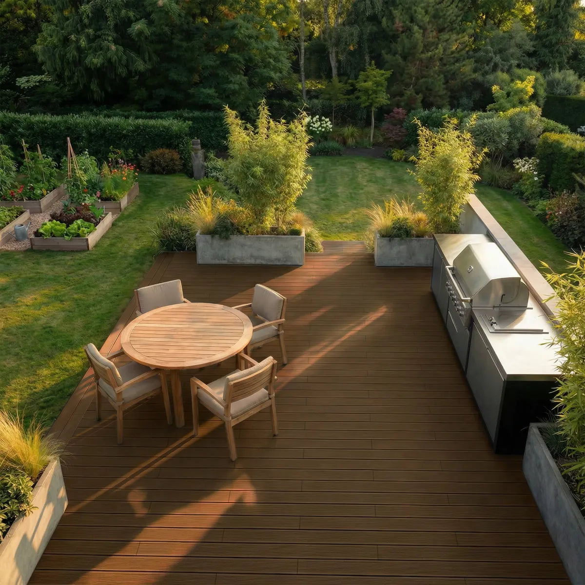 Composiet terrasplank Navia in teak, elegante tuinsfeer