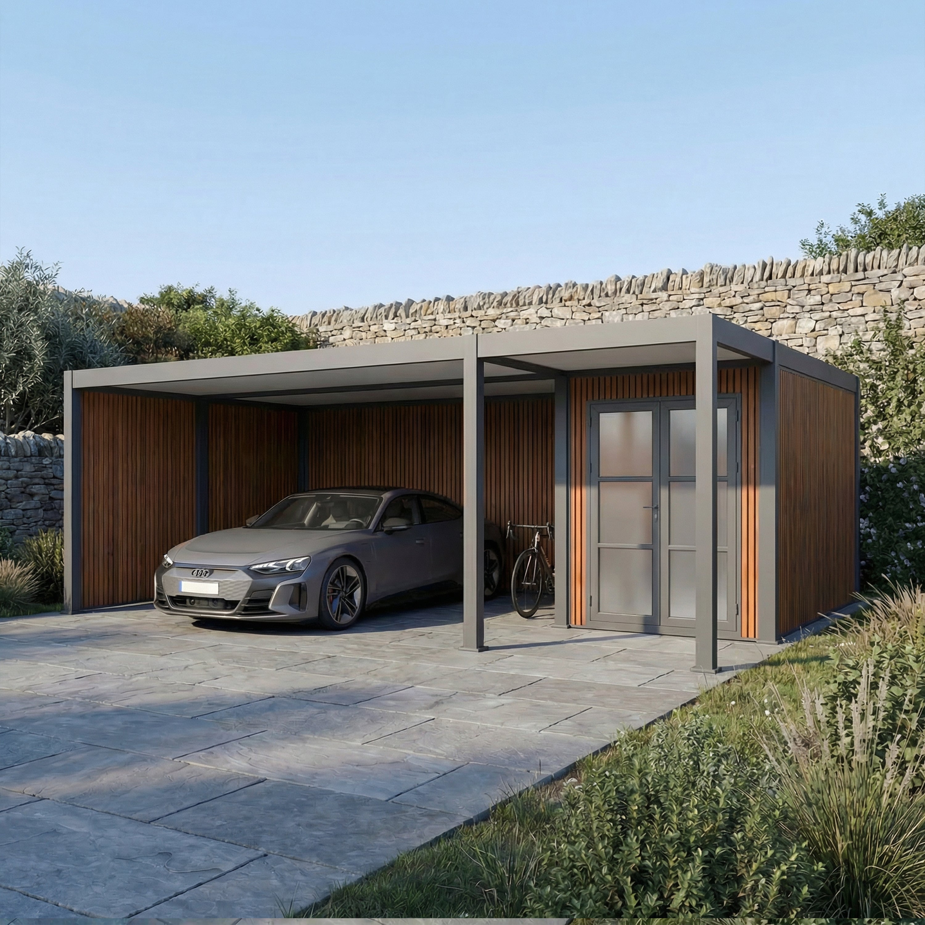 Carport aluminium Newark grand, 2 voitures et espace de stockage en bois