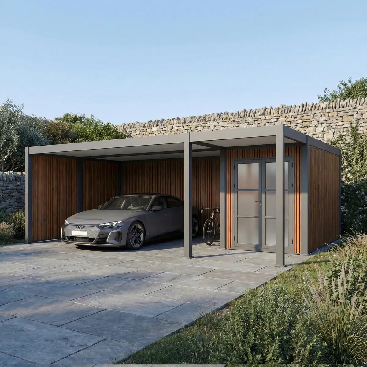 Großer Aluminium-Carport Newark, 2 Autos und Holz-Stauraum