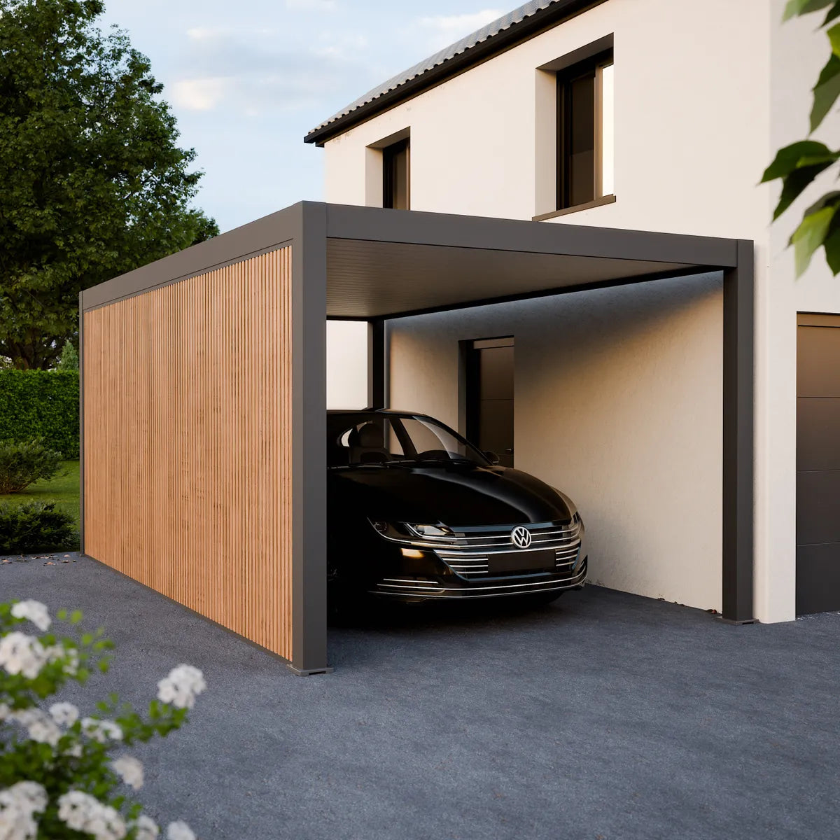 Aluminium-Carport Preston mit Seitenpaneel, modernes Gartenambiente