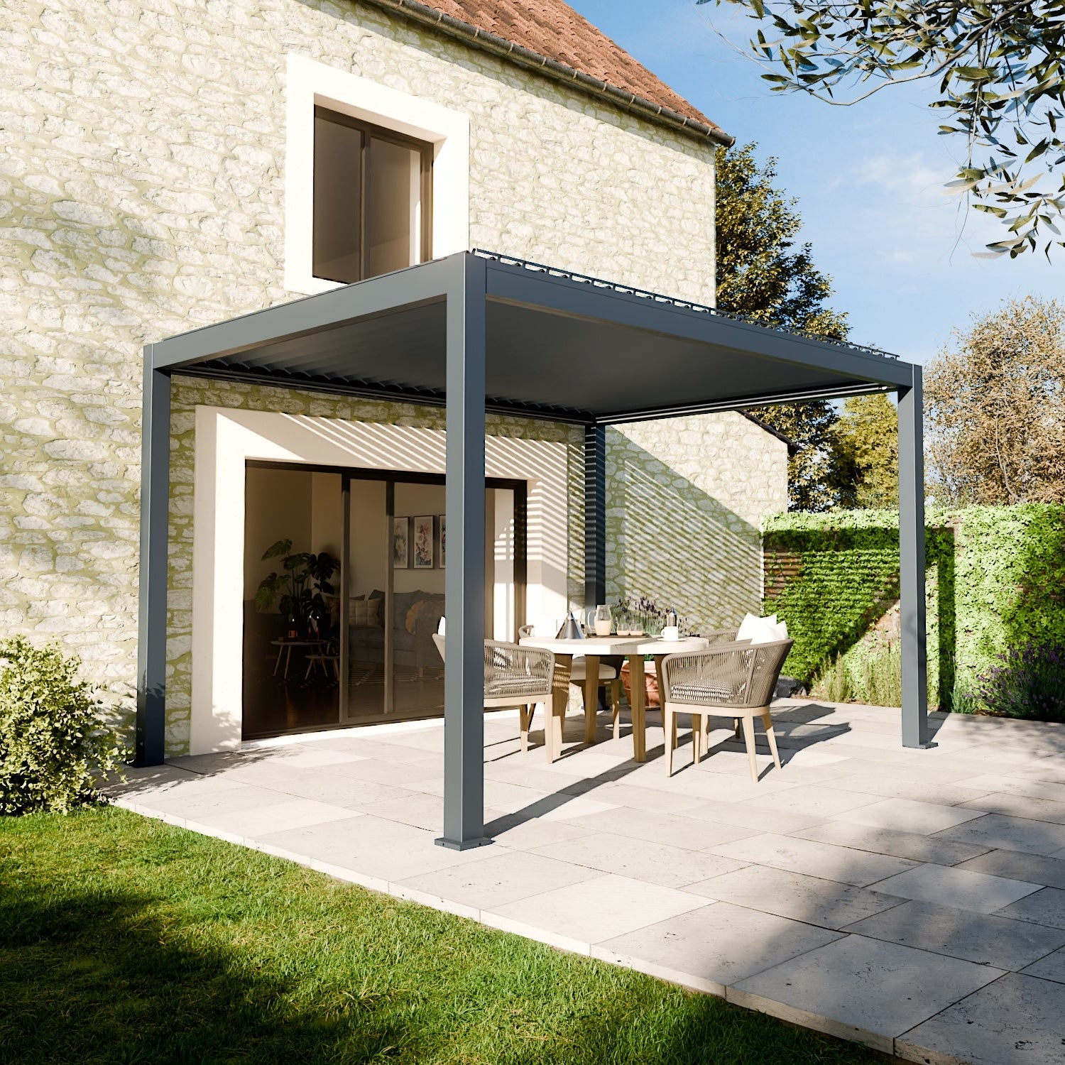 Pergola bioclimatique aluminium Stellar avec lames orientables et LED intégrées
