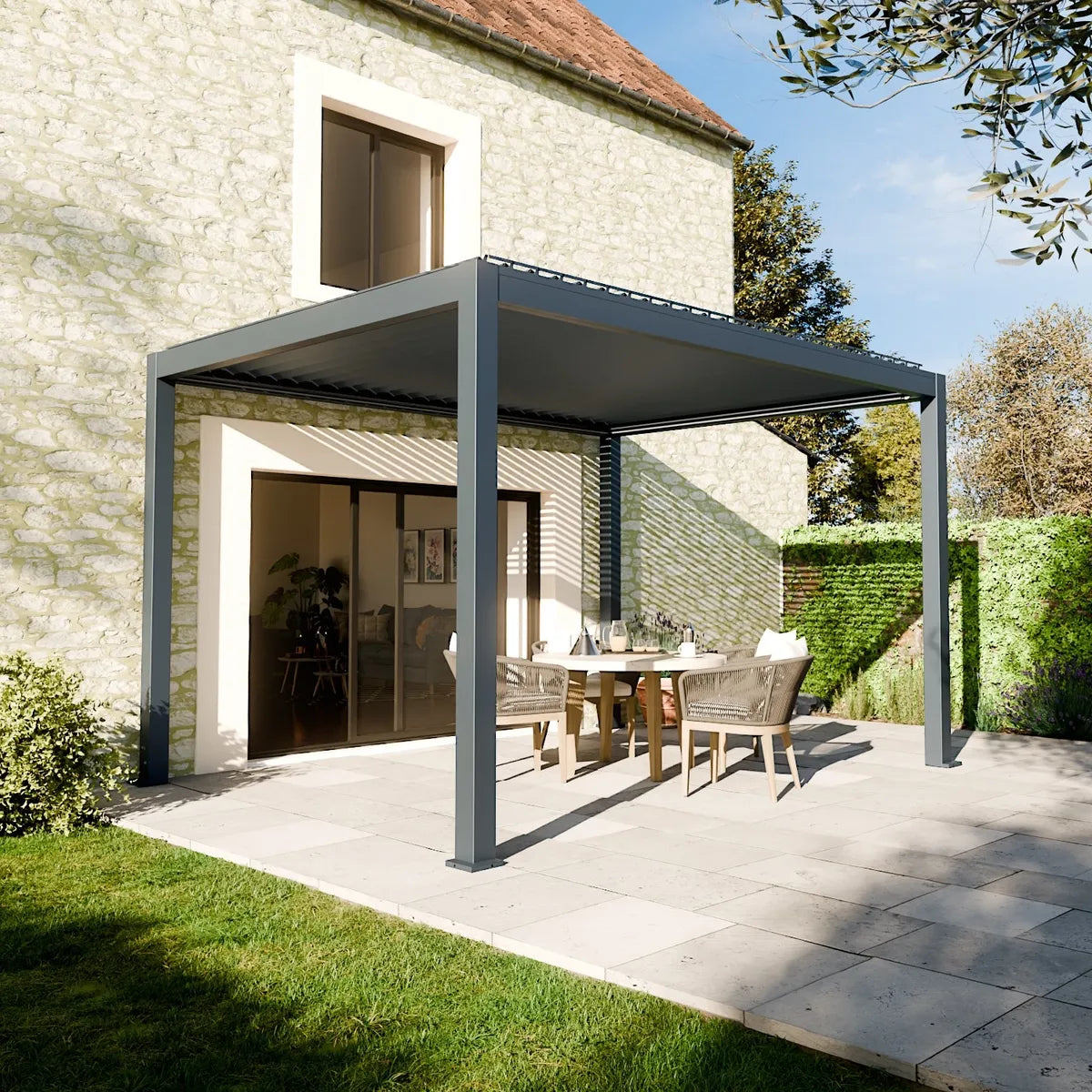 Bioklimatische aluminium pergola Stellar met verstelbare lamellen en geïntegreerde LED