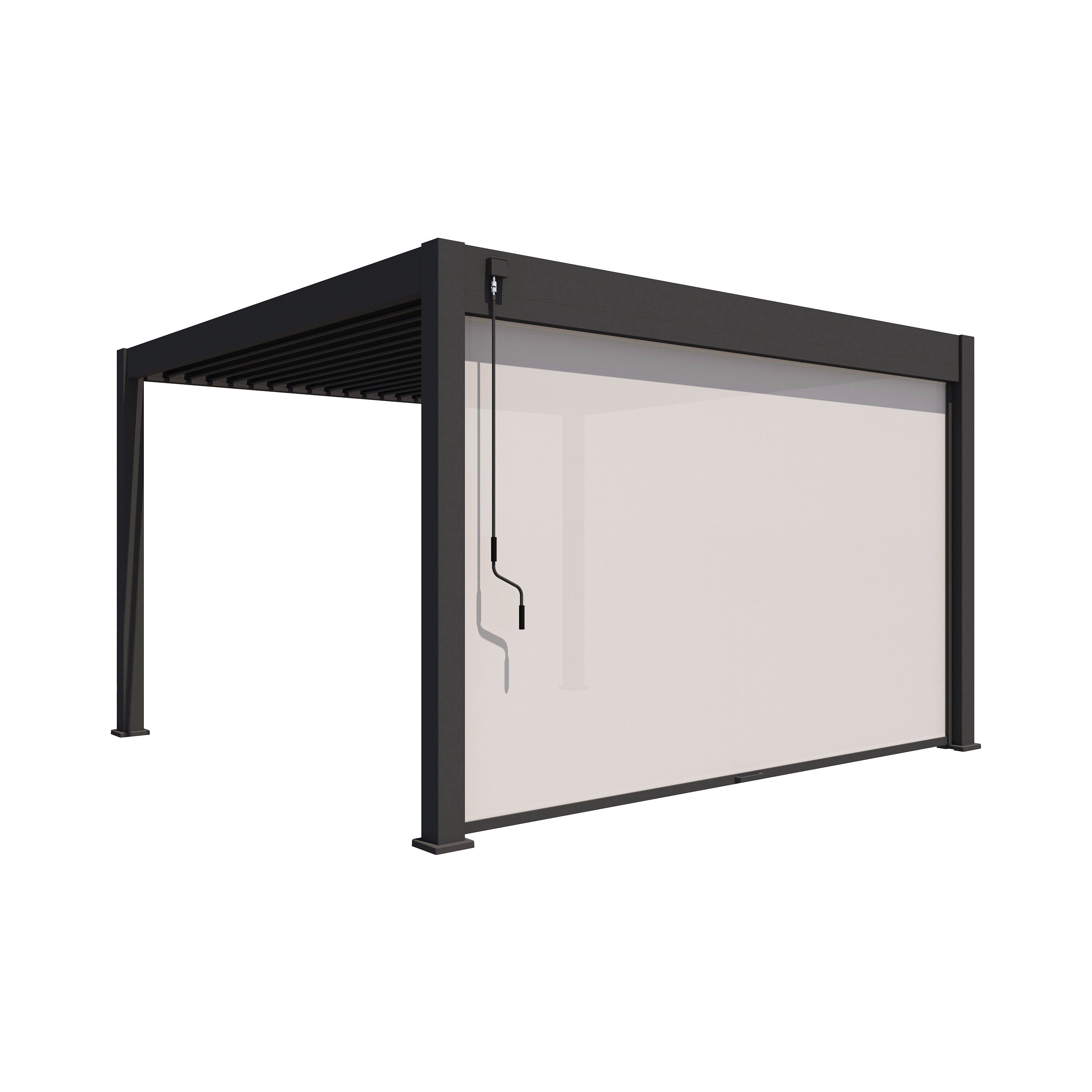 Pergola bioclimatique aluminium 4m gris avec paroi latérale en toile