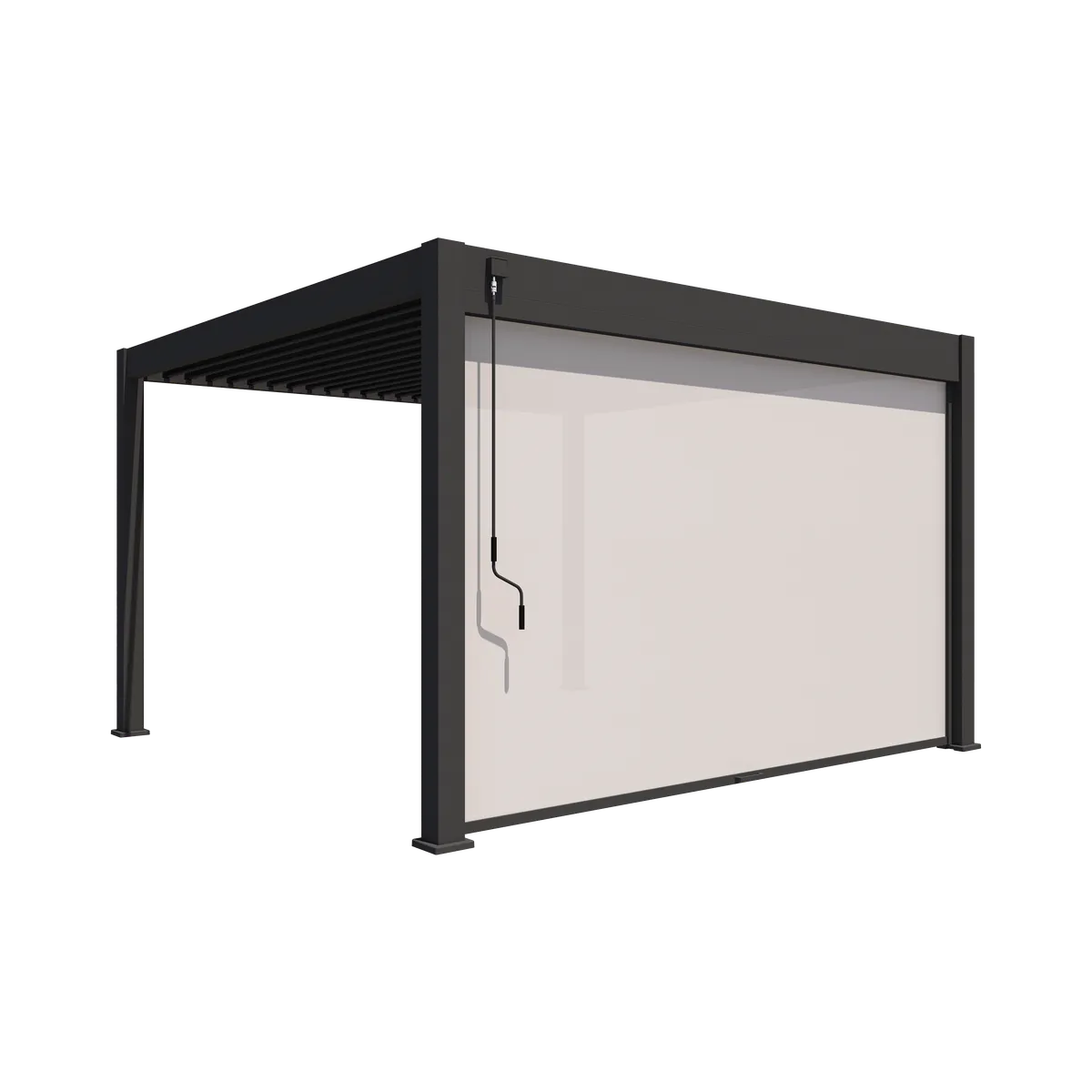 Pergola bioclimatique aluminium 4m gris avec paroi latérale en toile
