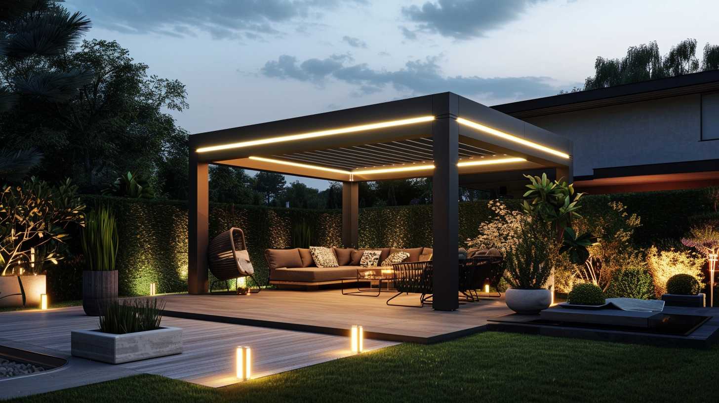 Pergola bioclimatique LED avec ambiance paisible.