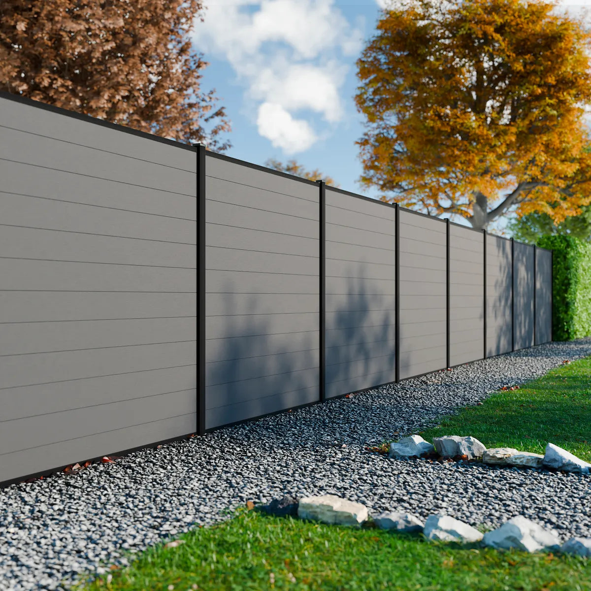 Clôture composite Rio scellée H180, couleur bois naturel, jardin moderne