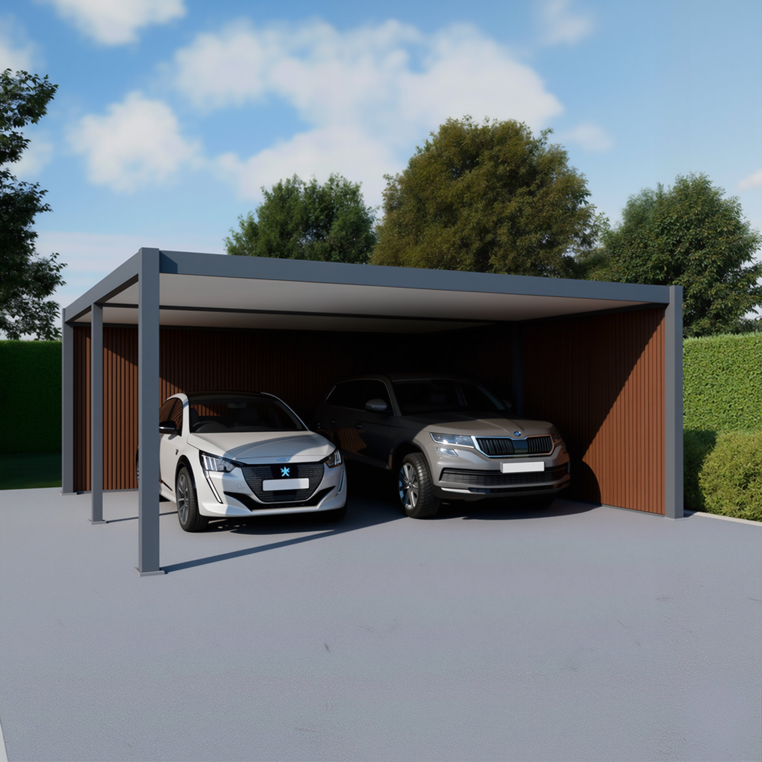 Carport aluminium 2 voitures avec bardage en bois et structure moderne