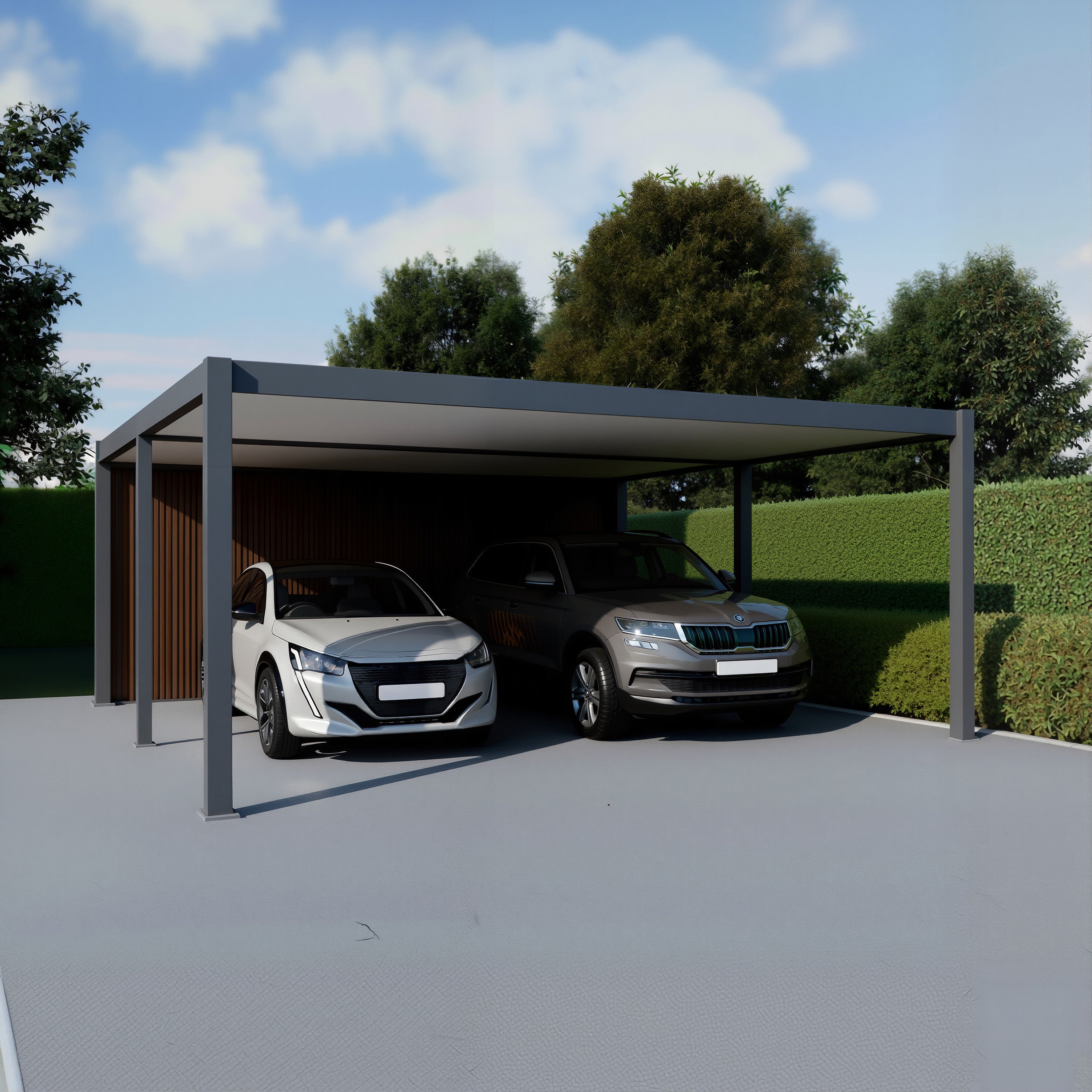 Carport aluminium ouvert pour deux voitures avec lame de fond en bois