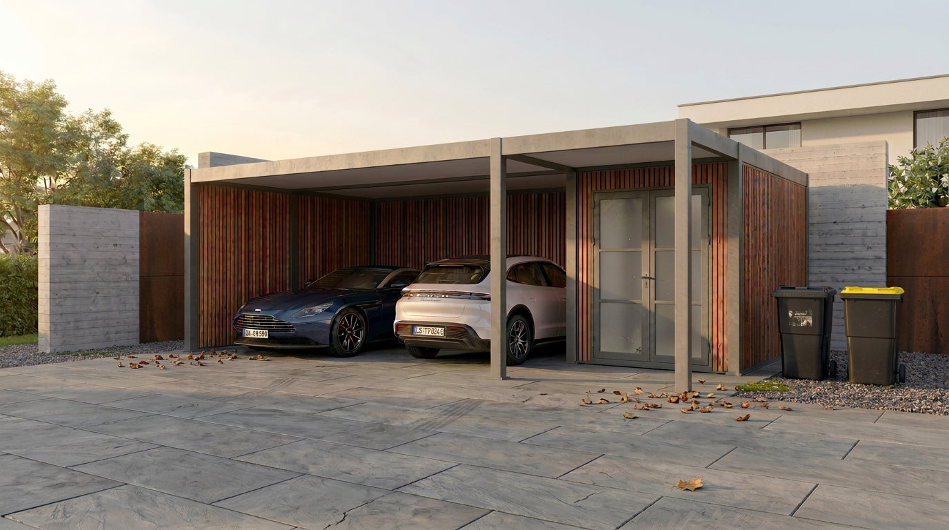 Doppelcarport Aluminium mit Flachdach und Abstellraum