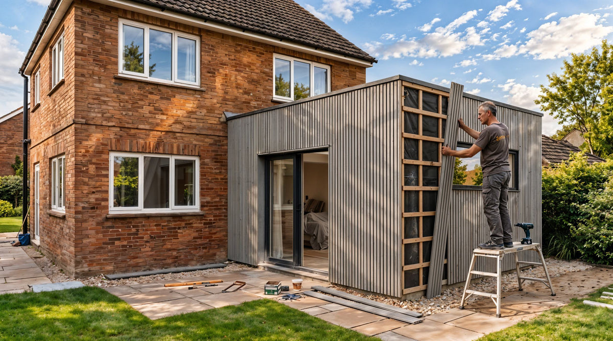Pose d'un bardage composite gris à lames verticales sur l'extension d'une maison en brique