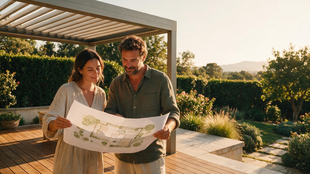 couple qui regarde un plan de jardin
