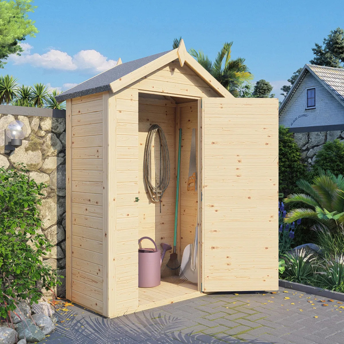 Armoire de jardin bois Belize ouverte, outils de jardin rangés
