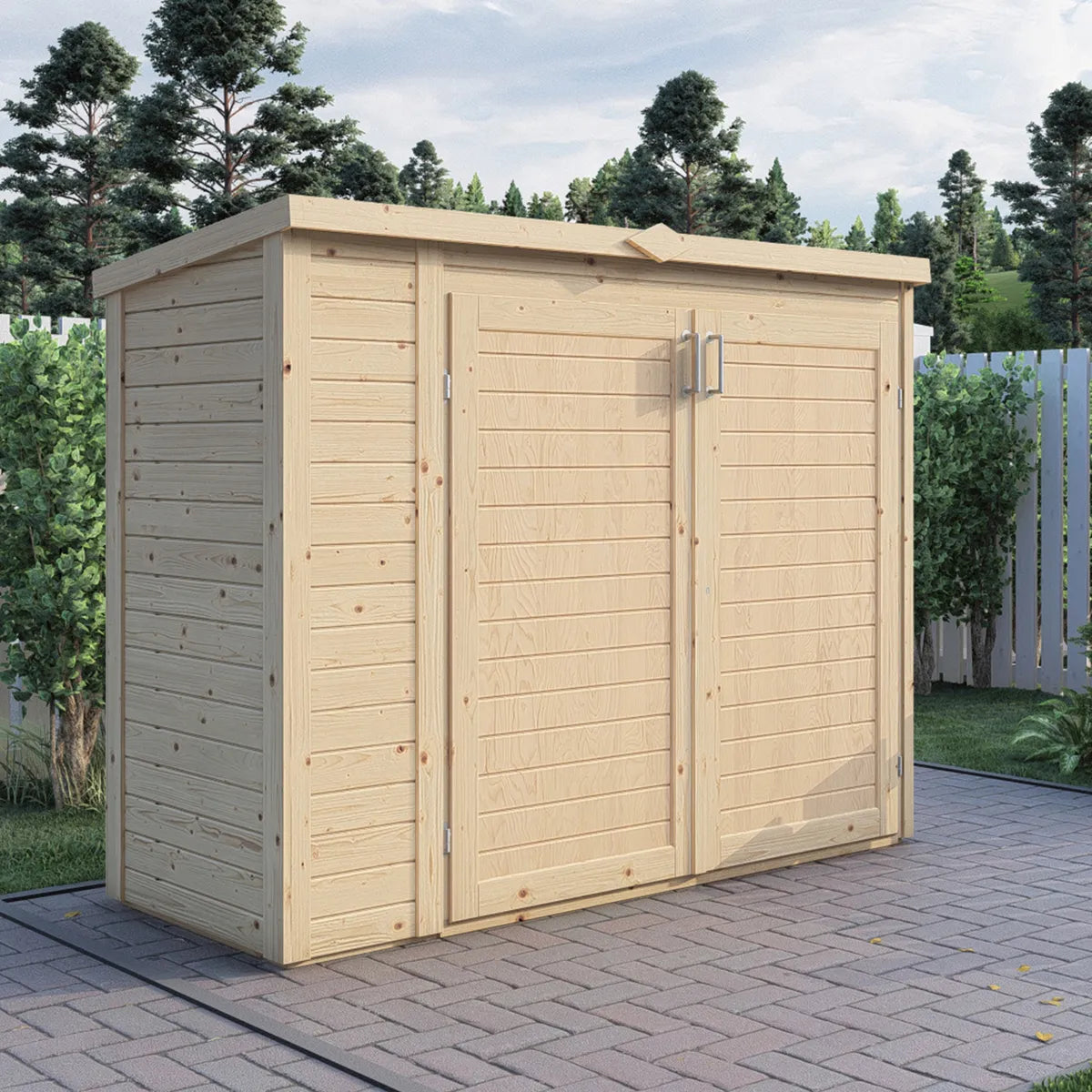 Coffre de jardin bois Bora 3 à double porte sur une terrasse