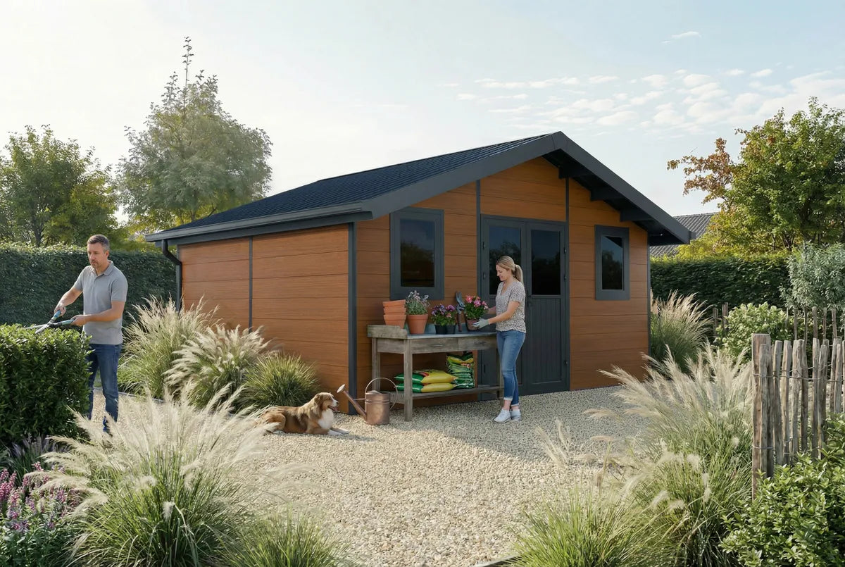 Abri composite Isora 20 m² brun, couple jardinant devant