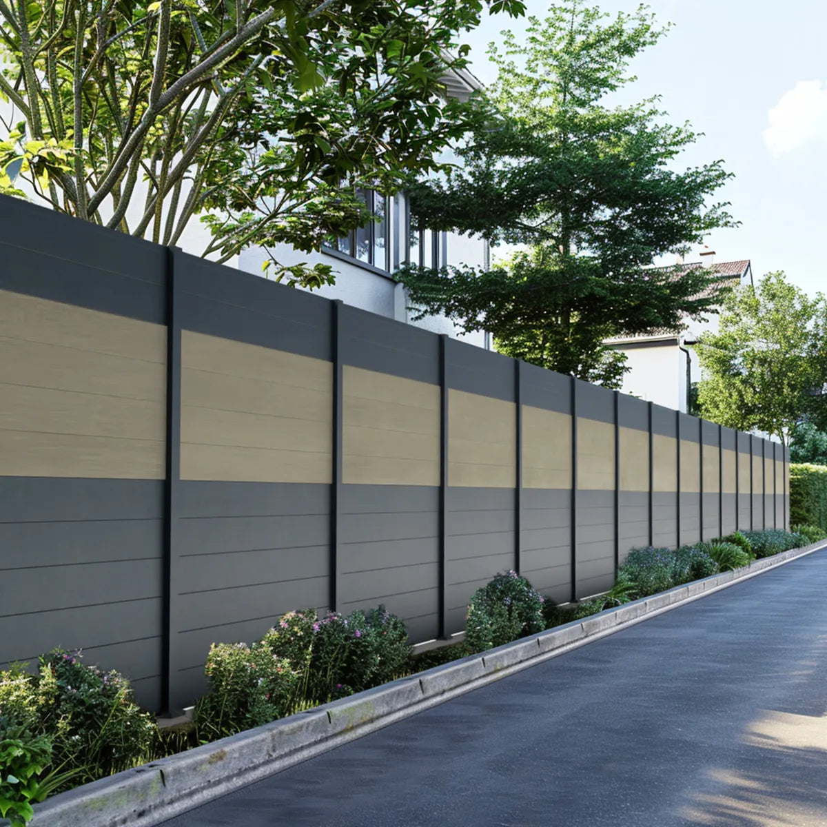 Clôture composite Cruz argent avec platines H180, ambiance jardin contemporain