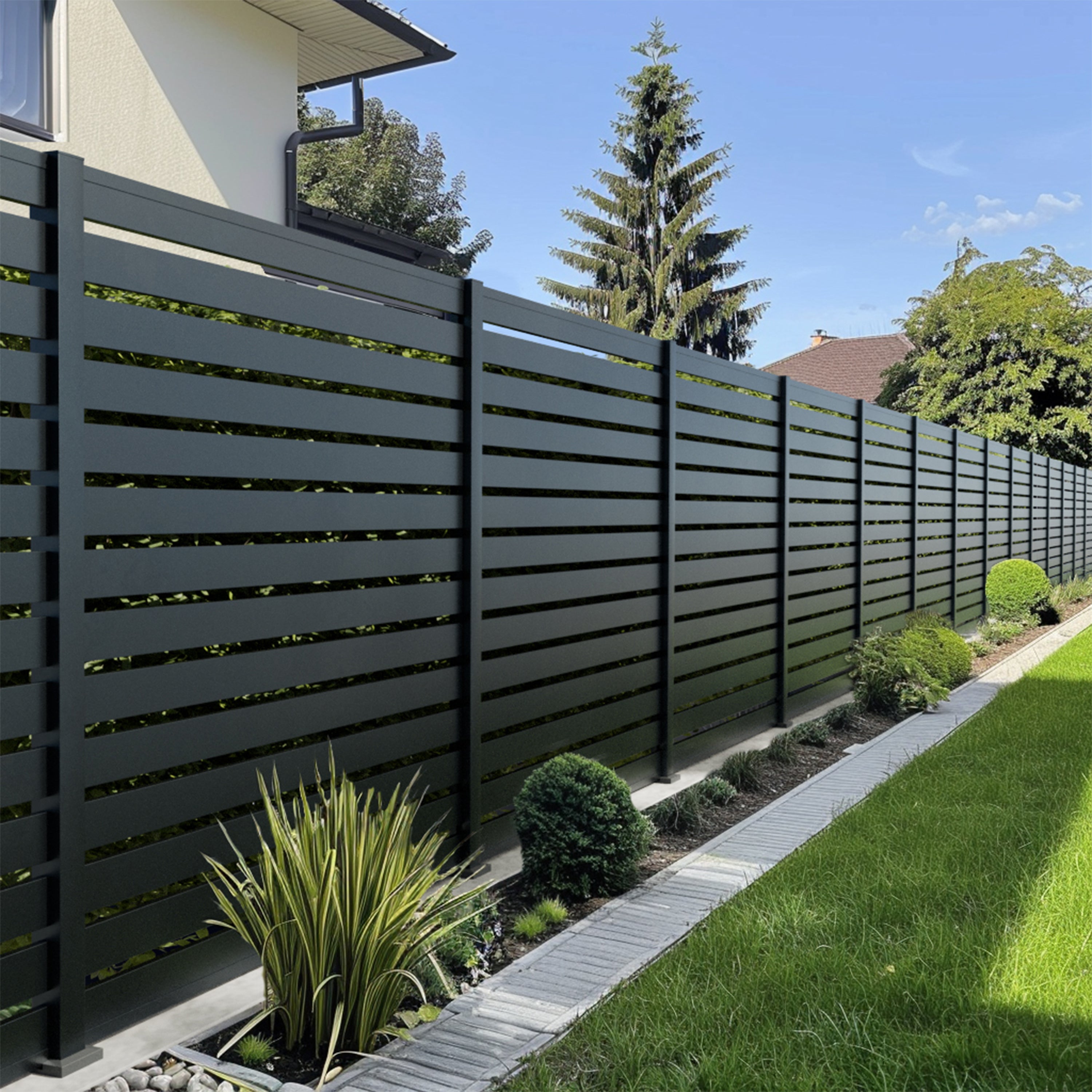 Clôture aluminium ajourée Olinda gris effet lattis hauteur 180 cm
