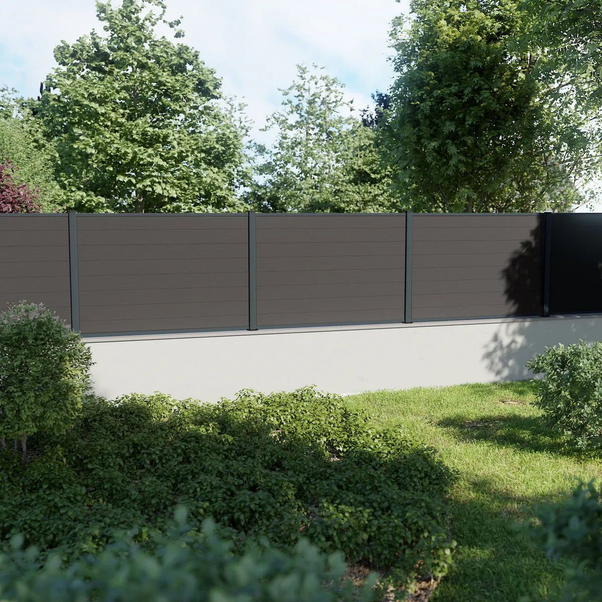 Clôture composite Rio anthracite avec finition bois naturel, jardin moderne