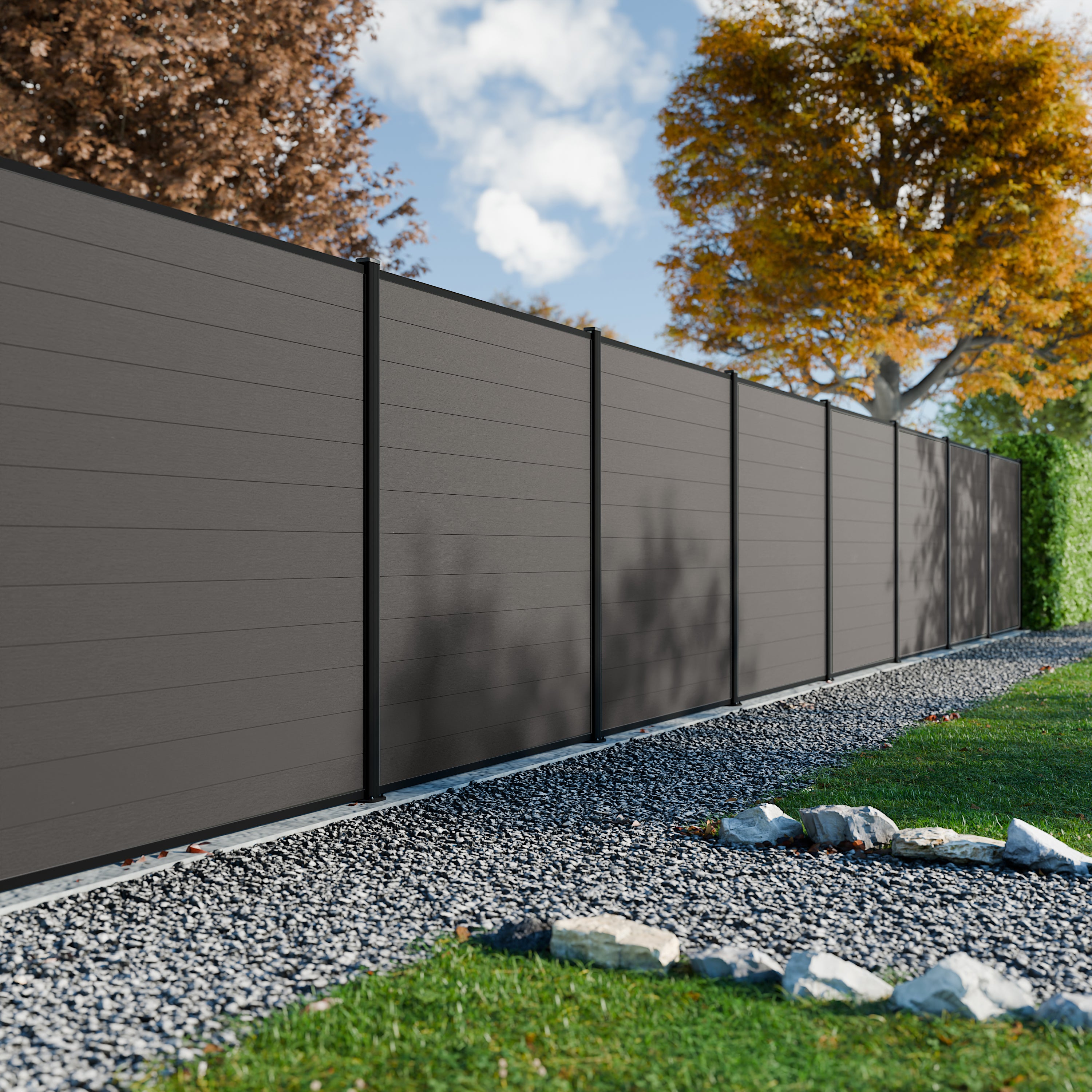 Clôture composite Rio anthracite avec texture bois naturel, panneau H180