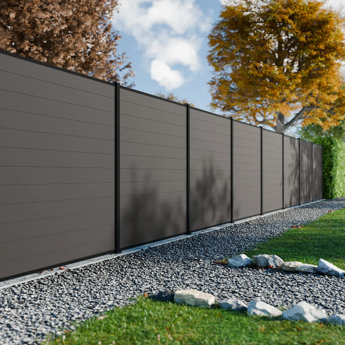 Clôture composite Rio anthracite avec texture bois naturel, panneau H180