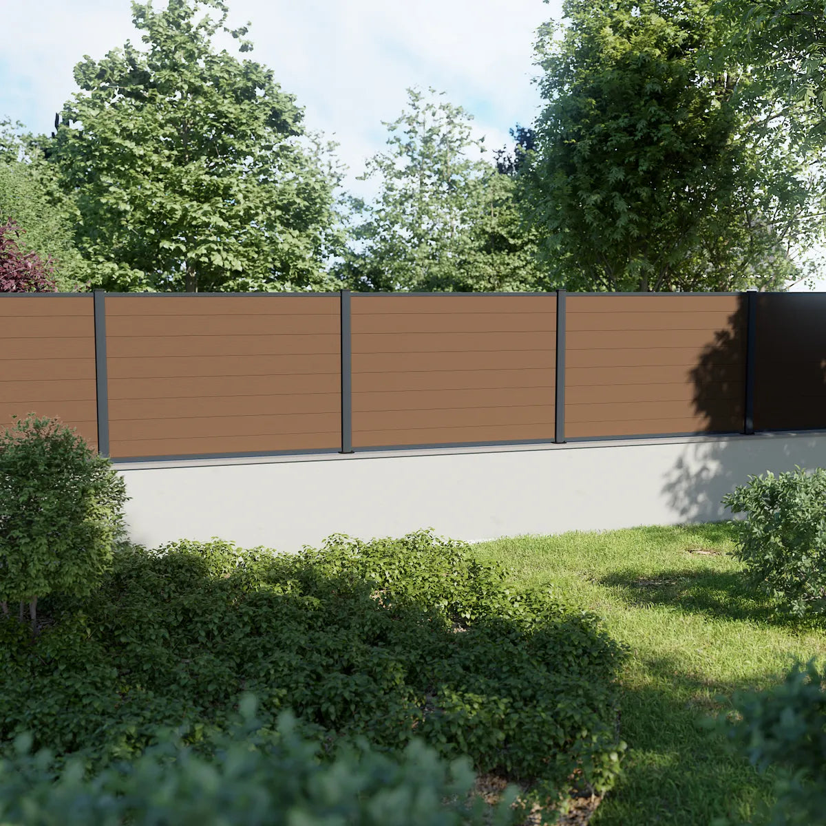Clôture composite Rio bronze avec platines, design bois naturel en extérieur