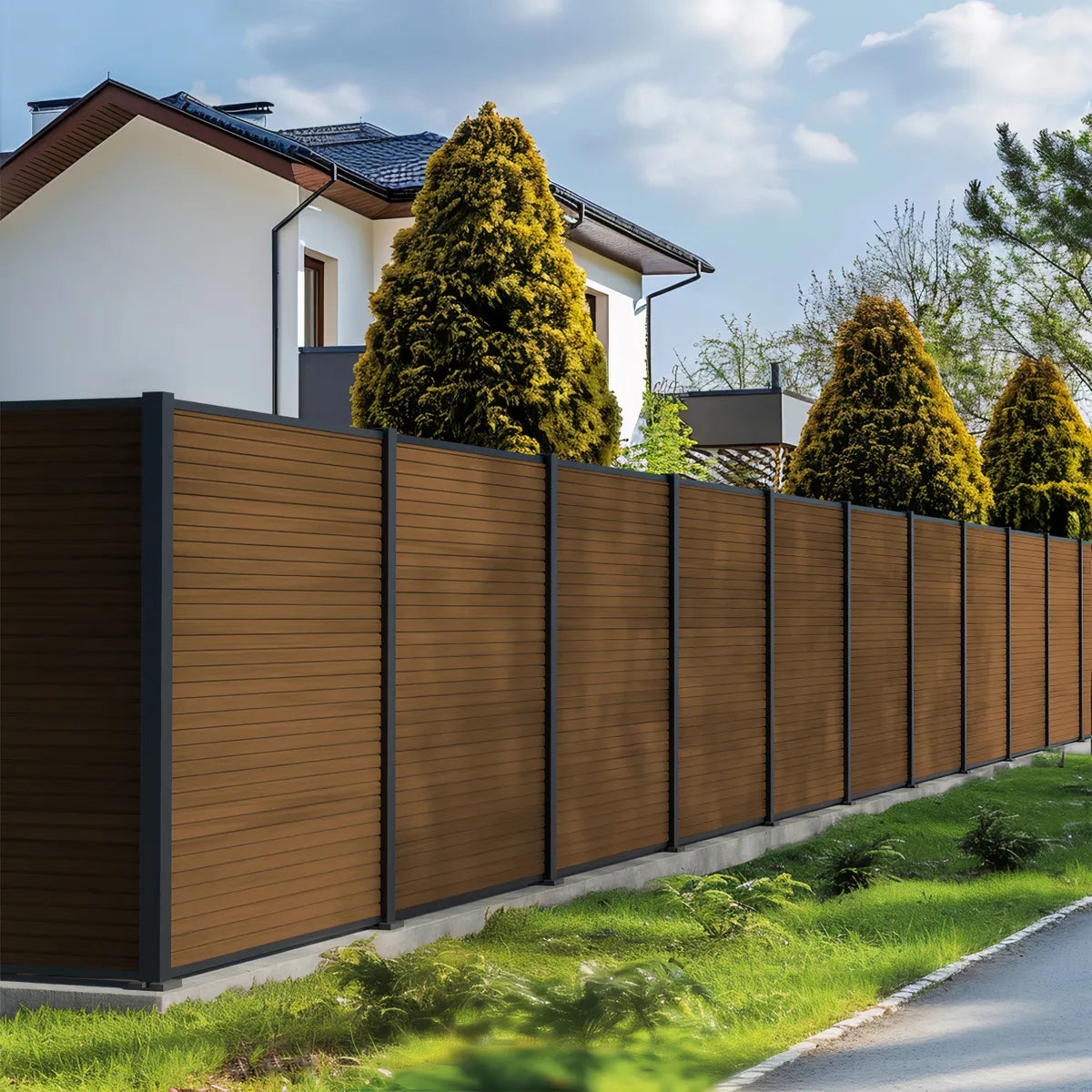 Composiet schutting Santos in teak, hoogte 180 cm, sfeer moderne tuin