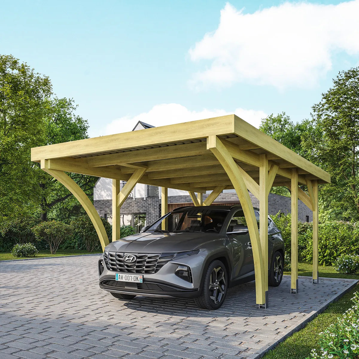 Carport bois Palerme 1 voiture, toit plat, ambiance jardin avec SUV gris