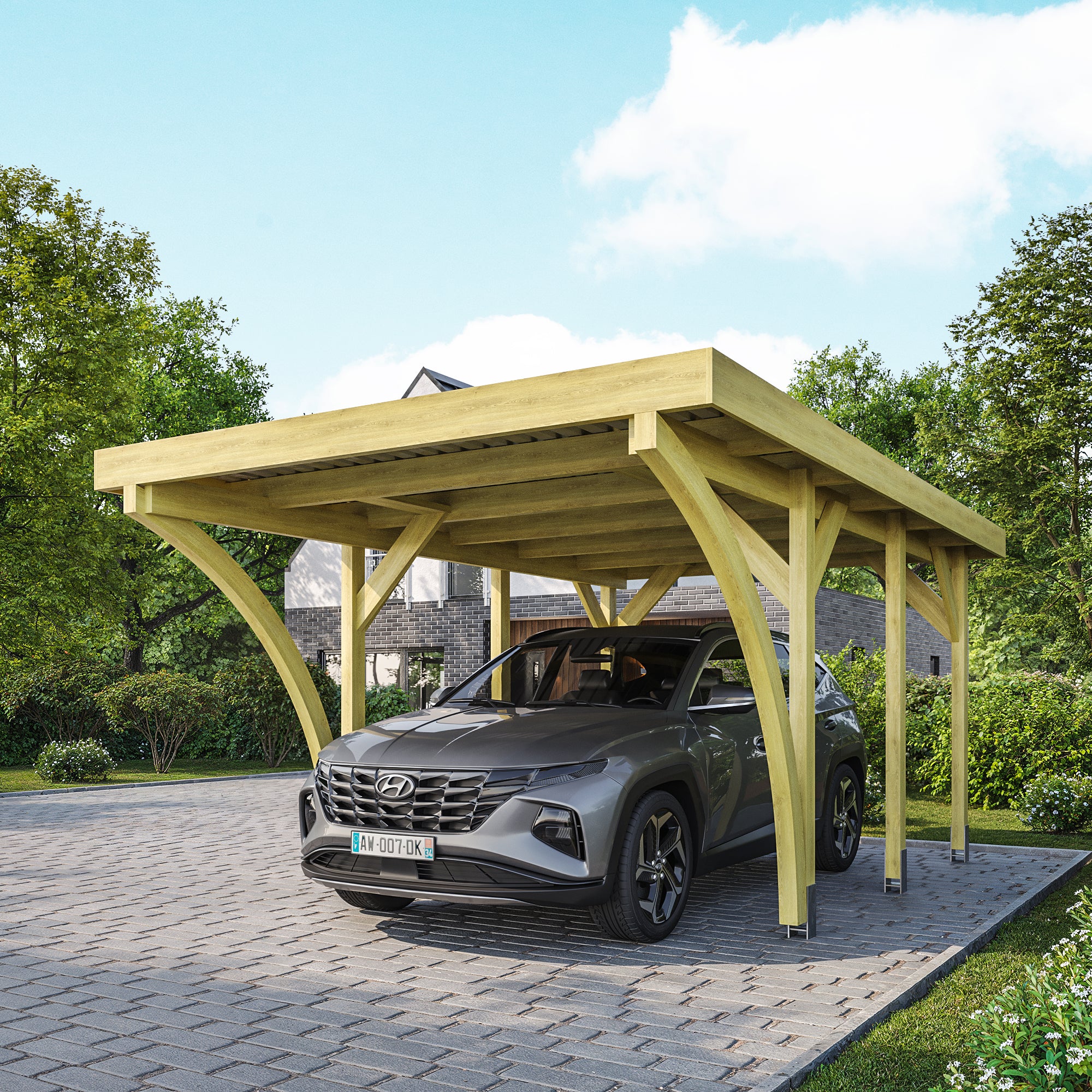 Carport bois Palerme 1 voiture, toit plat, ambiance jardin avec SUV gris