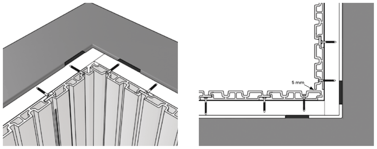 Angle rentrant d'un bardage composite MEZZO : coupe droite et jeu de 5 mm