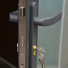 Serrure à cylindre et poignée aluminium d'une porte d'abri composite