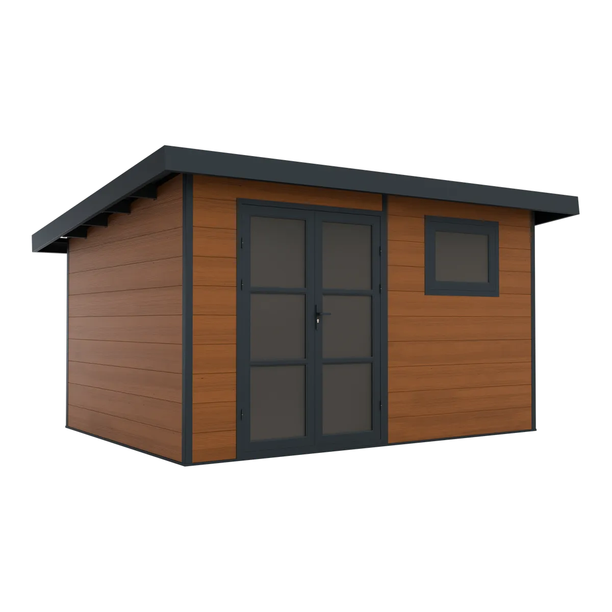 Abri de jardin composite Alma 11 m² brun, vue de trois quarts