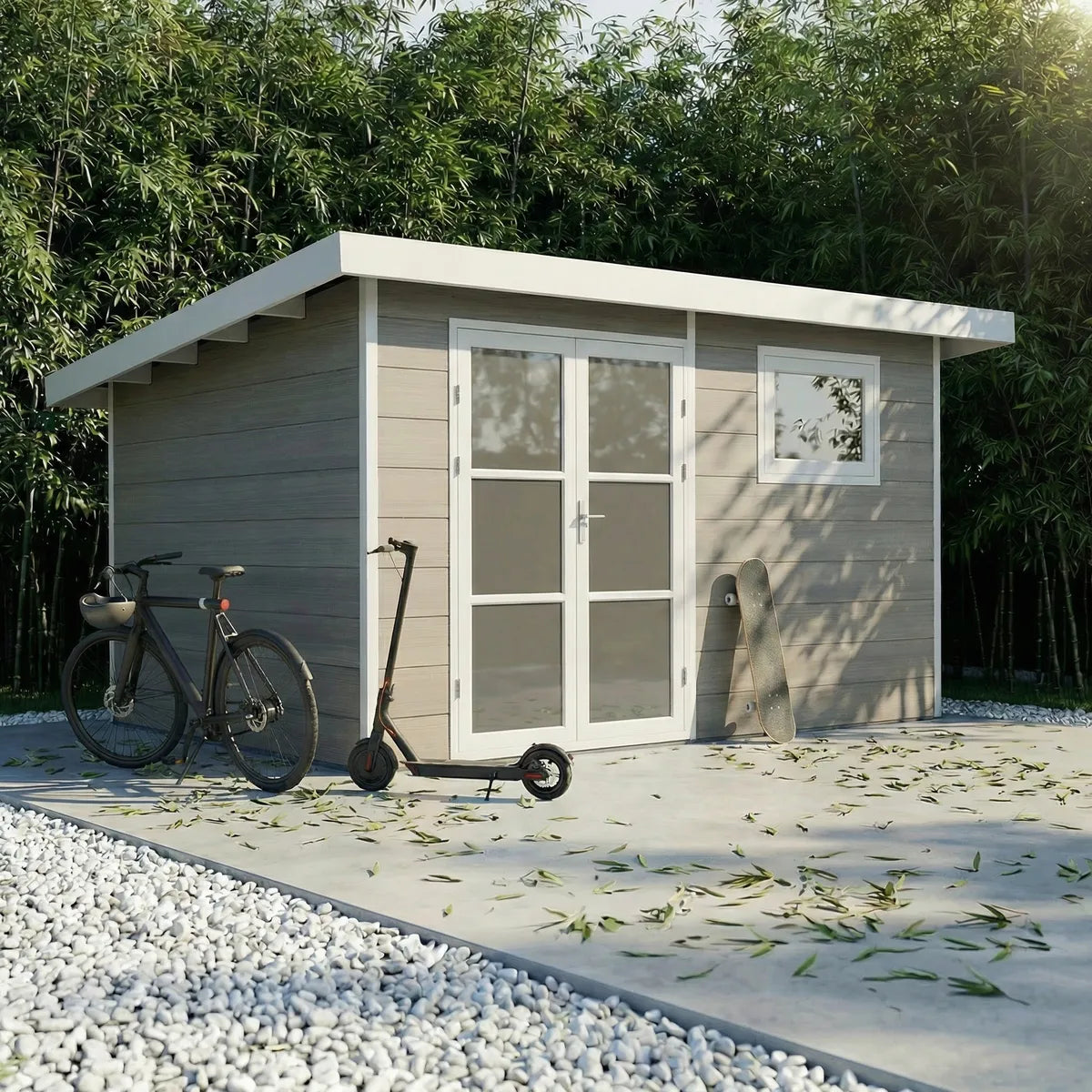 Abri de jardin composite Alma 11 m² gris clair, toit plat, ambiance végétale
