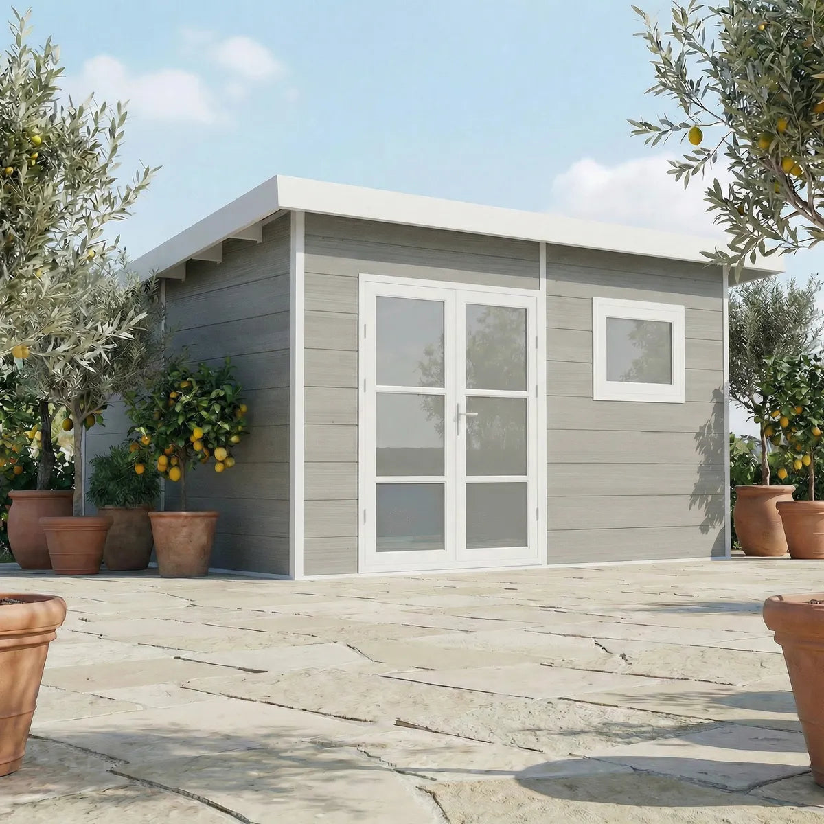 Abri de jardin composite Alma 15 m² gris clair, toiture plate, ambiance jardin