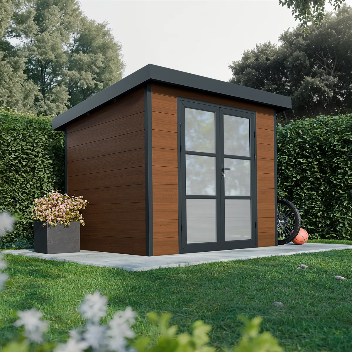 WPC-Gartenhaus Alma 5 m² mit Flachdach und Aluminium-Abschlüssen