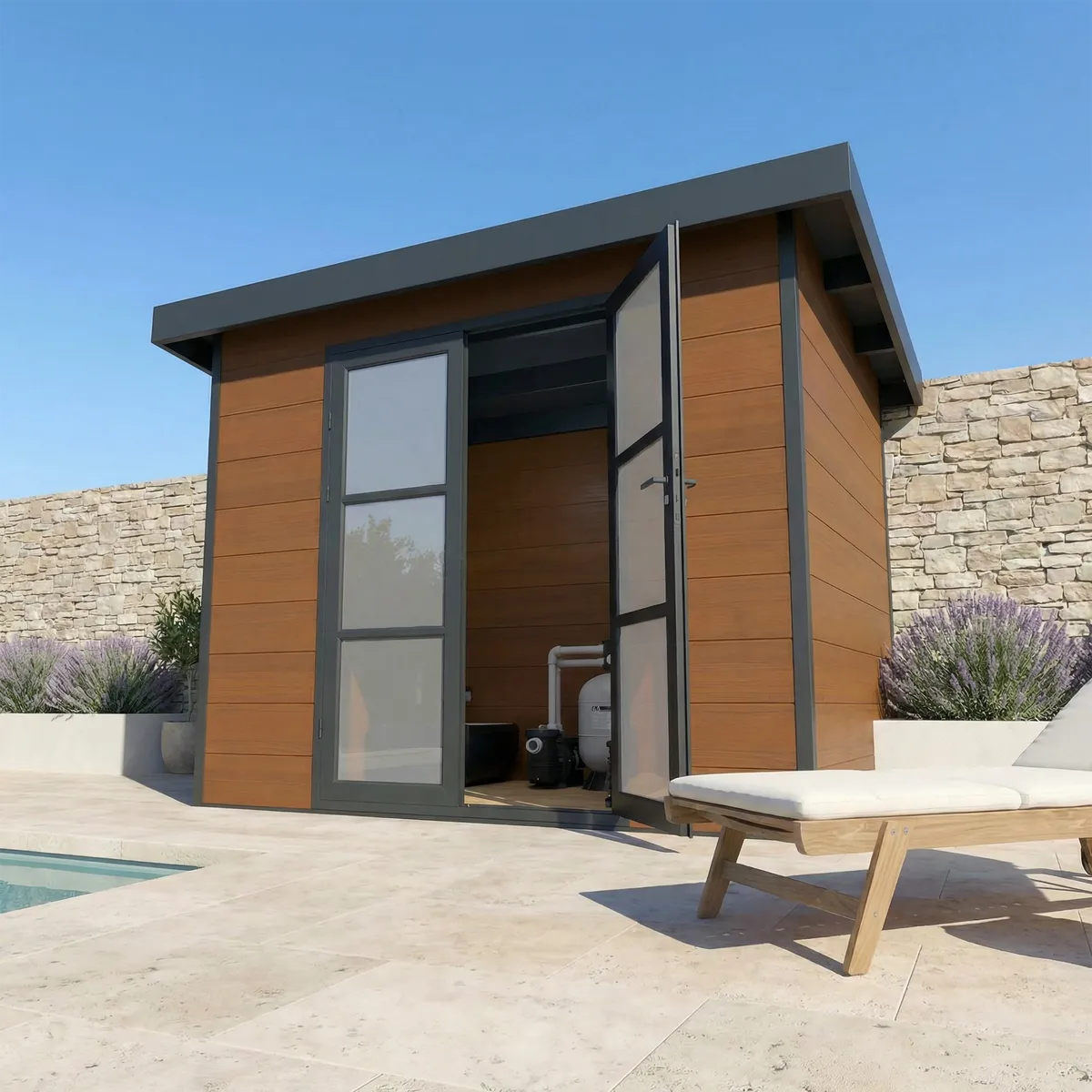 Abri composite Alma 7 m² brun ouvert sur une terrasse, près d'un muret en pierre