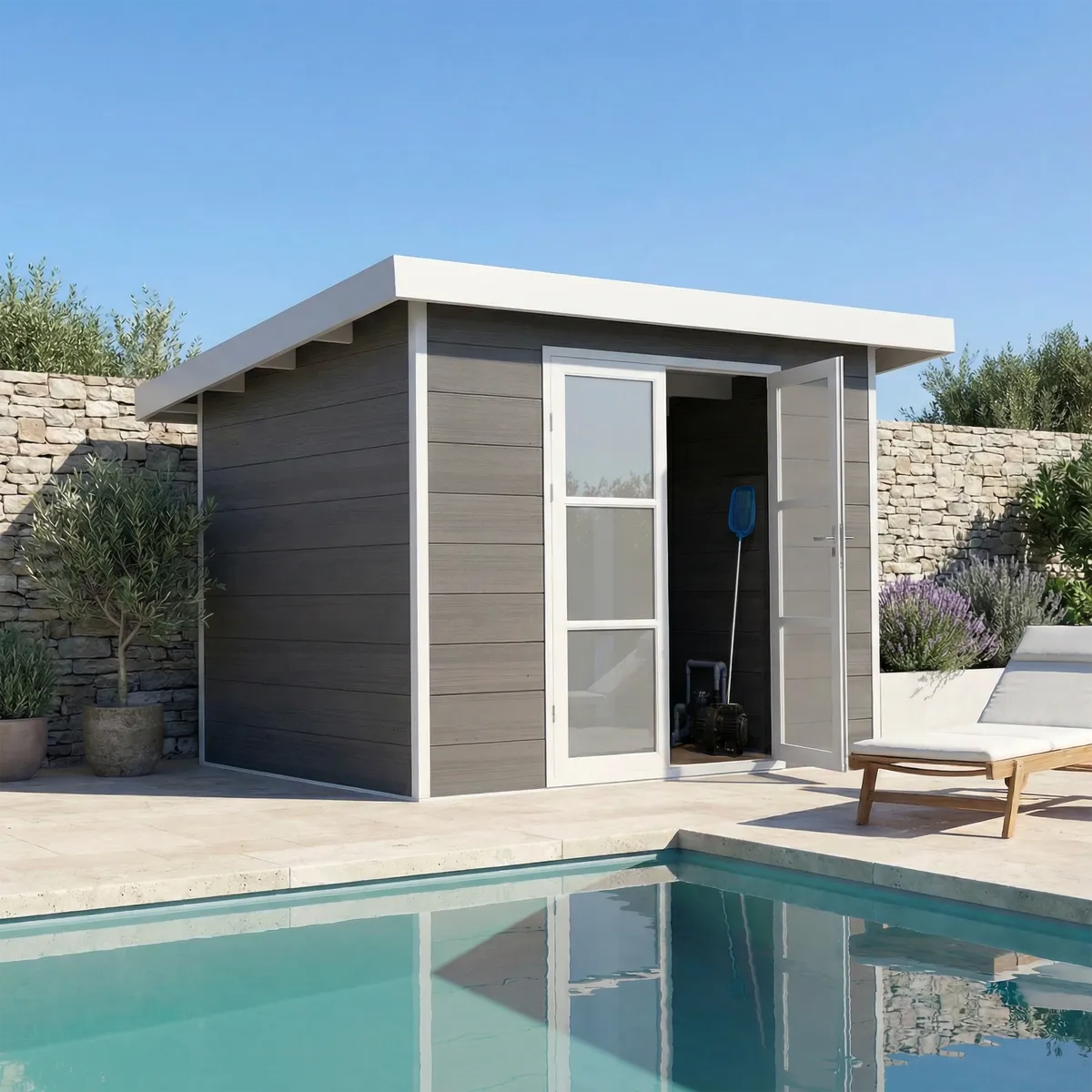 Abri de jardin composite Alma 7 m² gris avec toit plat, ambiance moderne et jardin