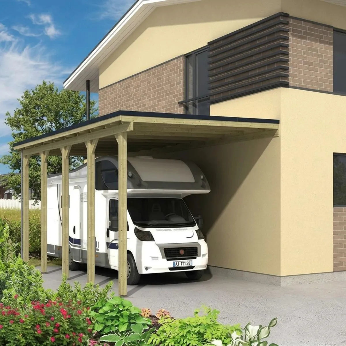 Carport bois 1 voiture en ambiance jardin moderne avec maison