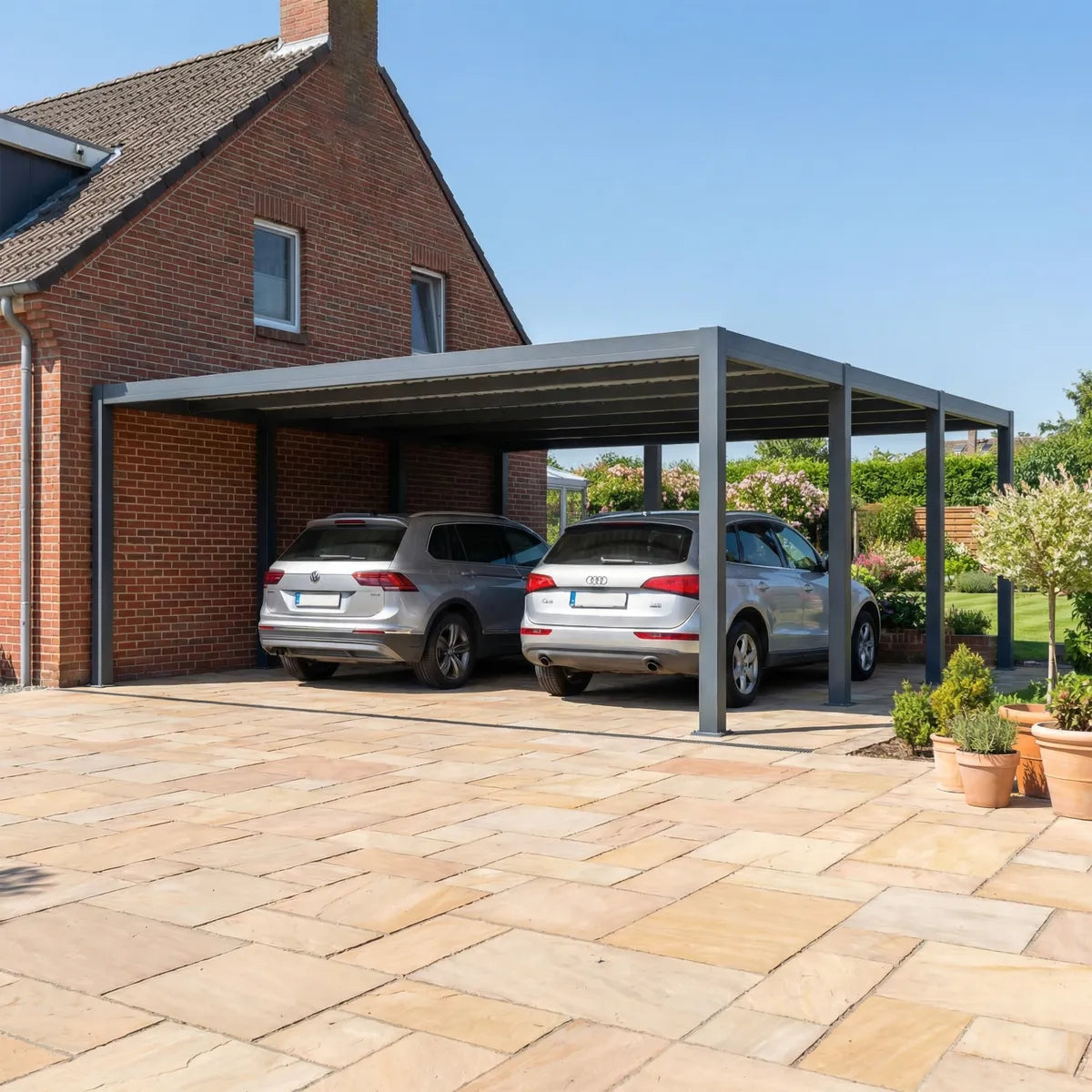 Carport aluminium thermolaqué Carlton 2 voitures autoportant en jardin