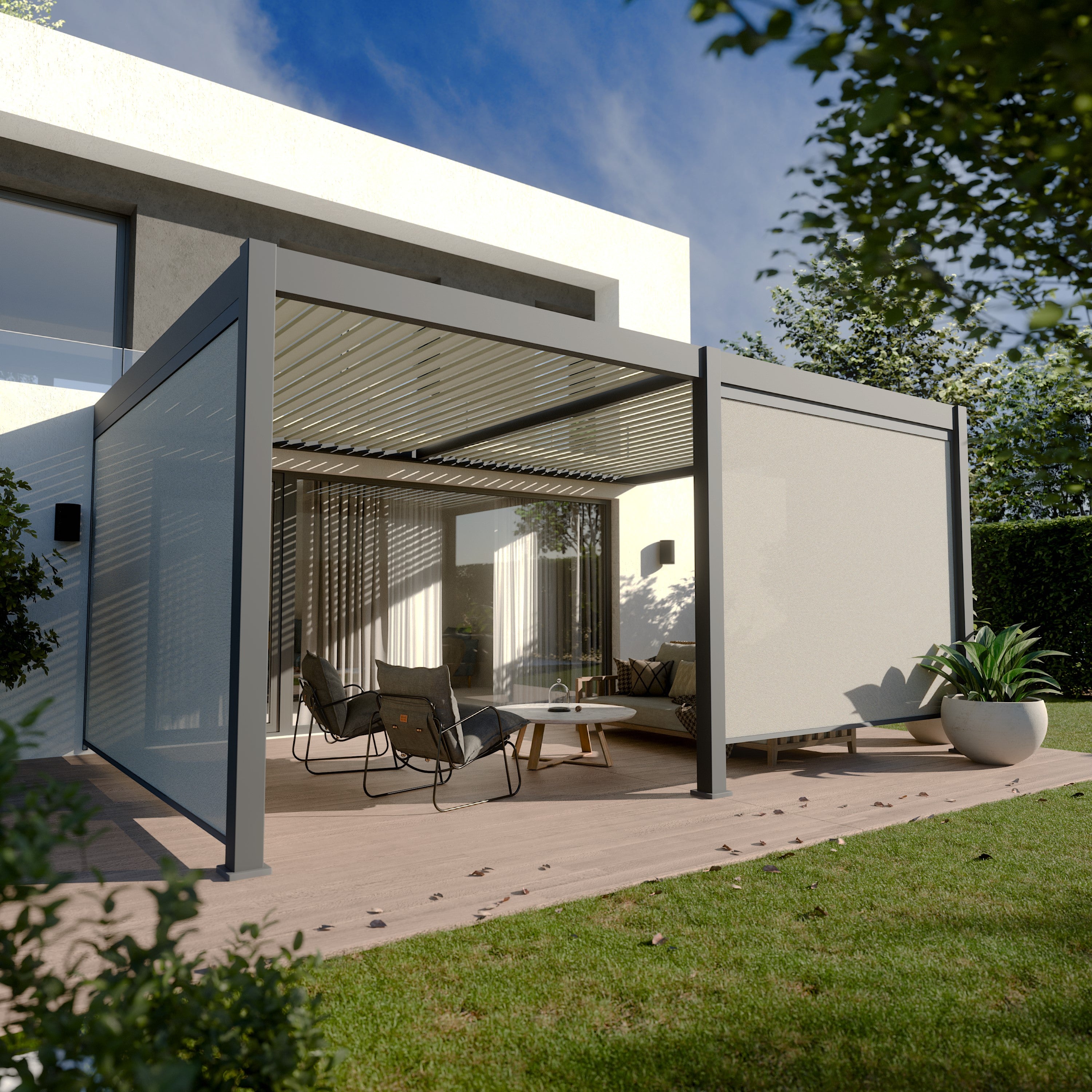 Pergola bioclimatique aluminium Elios 3x5 m, ambiance moderne et verdoyante