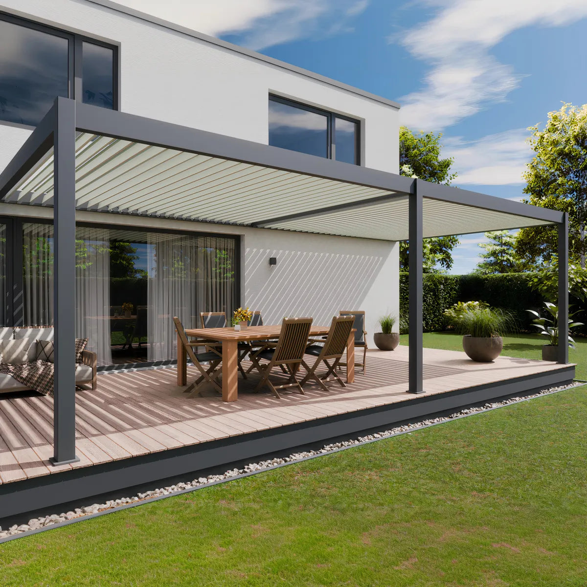 Pérgola bioclimática Elios aluminio 4x8 m, terraza con mobiliario de jardín