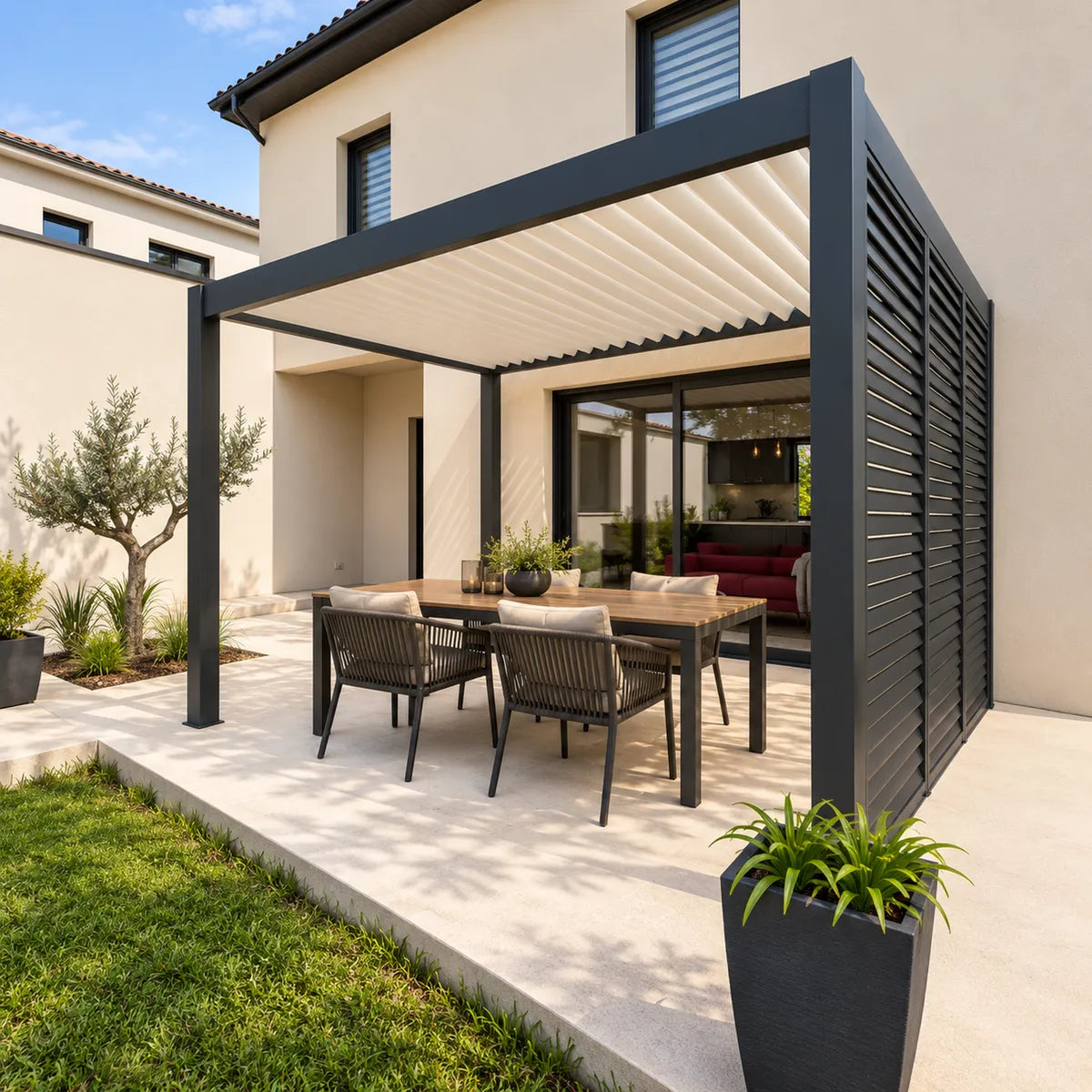 Pergola bioclimatique aluminium Elios 3x4 m, ambiance jardin avec terrasse