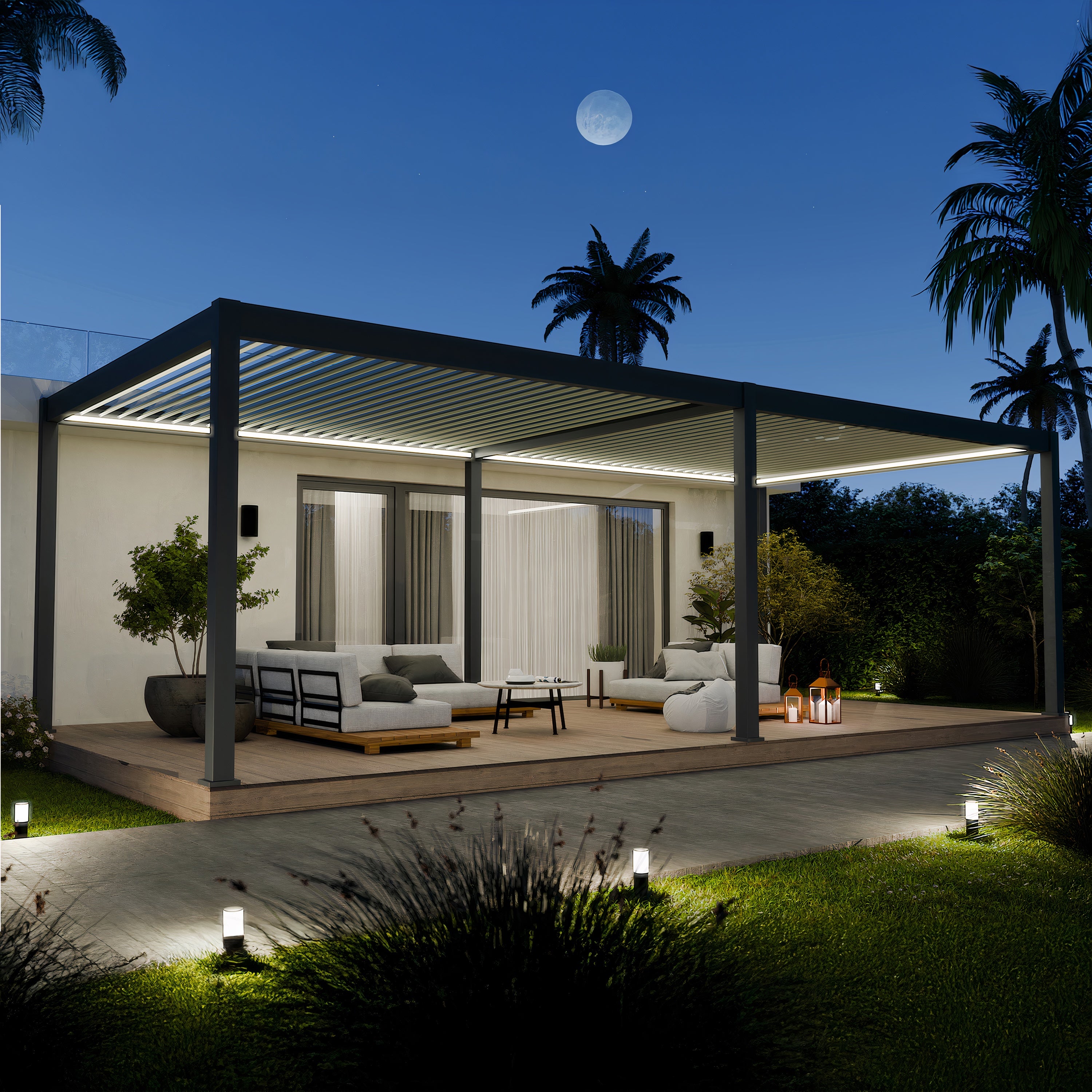 Pergola bioclimatique aluminium Elios 4x8 m sous un ciel nocturne